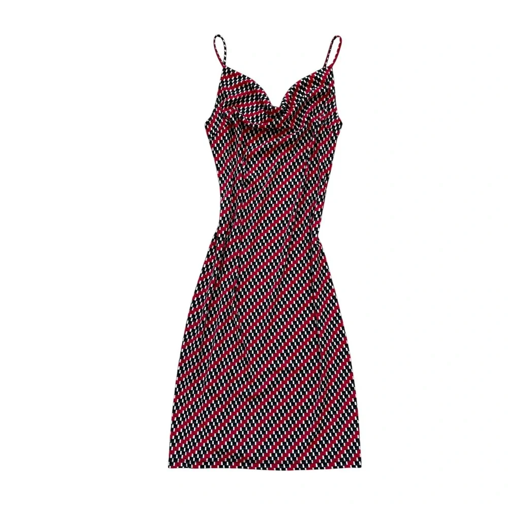 VTG‎ red black white patterned droop neck sleeveless midi dress M formal